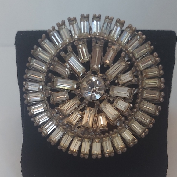 Cut Glass Baguette Round Star Flower Brooch Silvertone Metal Vintage - Picture 2 of 5